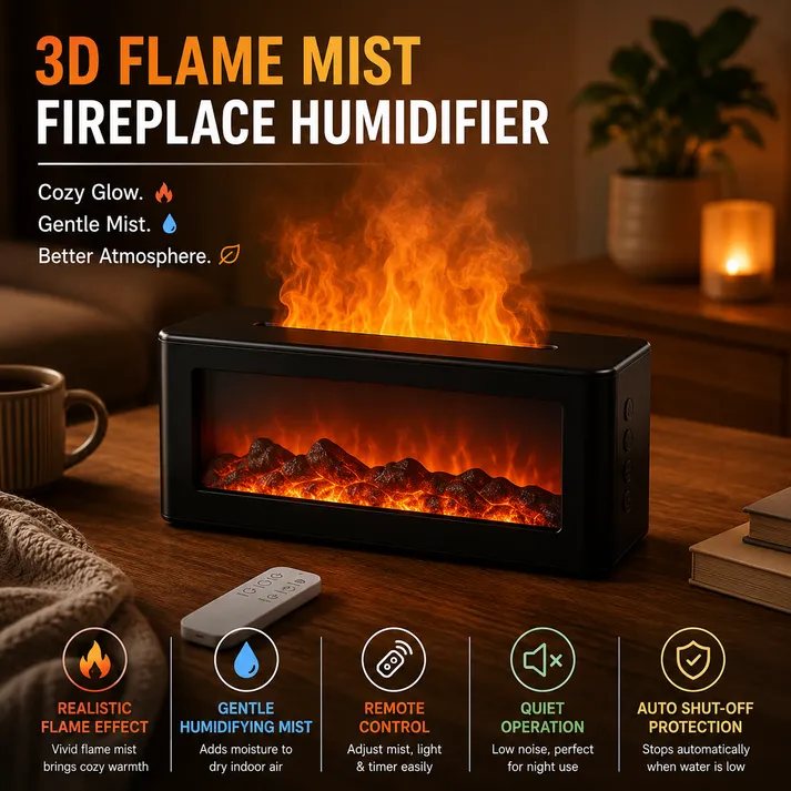3D flame mist fireplace humidifier on a wooden table