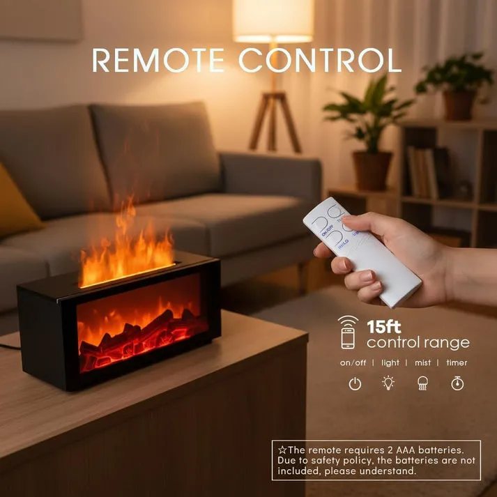 Hand holding the remote control beside the humidifier, showing the 15 foot control range