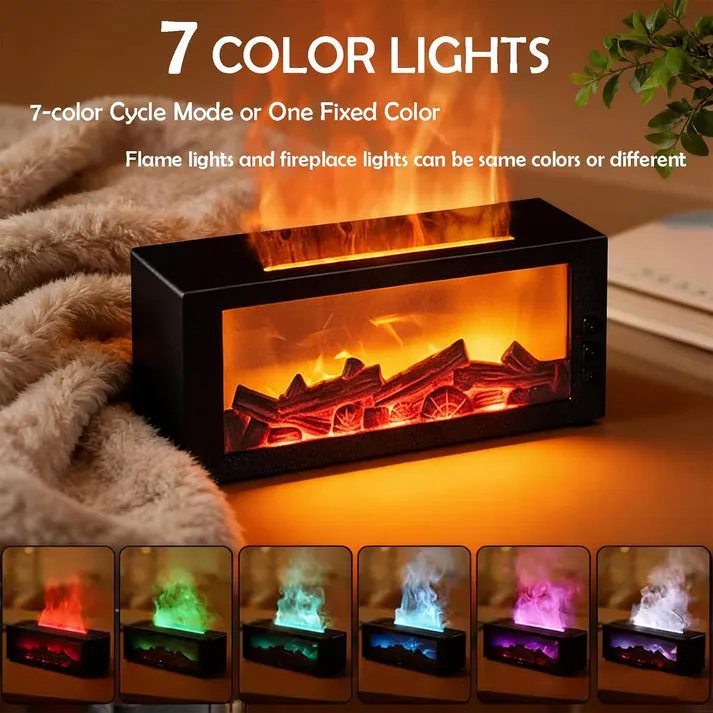 The humidifier shown in seven different flame colours