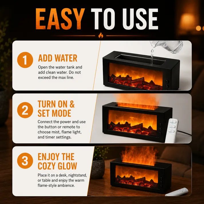 Three step guide: add water, turn on and set mode, enjoy the glow