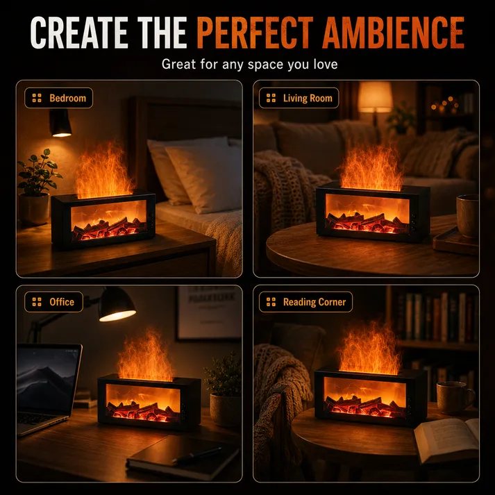 The humidifier shown in a bedroom, living room, office and reading corner