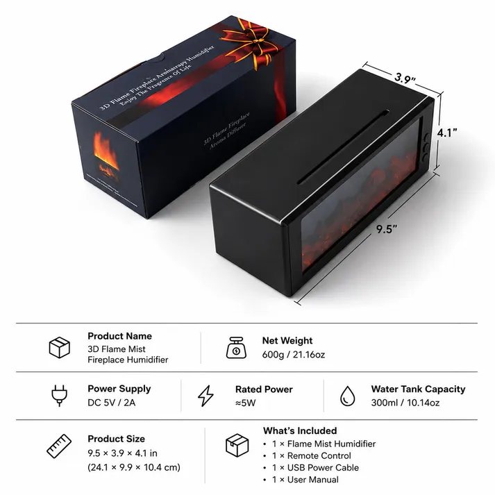 Specification panel with product size, power supply, tank capacity and box contents